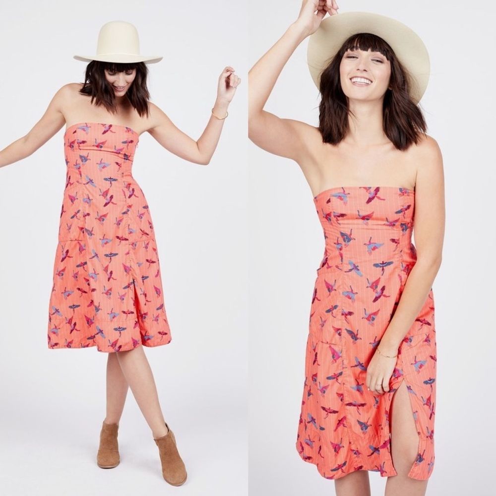 FREE PEOPLE Dress Midi Coral Bird Print Size 2